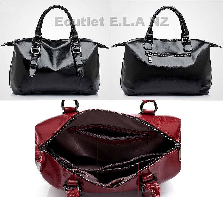 BUCKLE DECO GENUINE LEATHER HANDBAG-BLACK